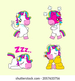 Cute unicorn sticker vector illustration, peace, angry, sleepy, and fever unicorn pose