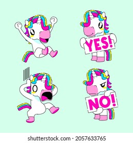 Cute unicorn sticker vector illustration, happy, yes, no, and shocked unicorn reaction