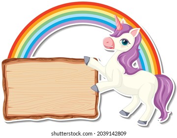 Cute unicorn stickers with blank wooden banner template illustration