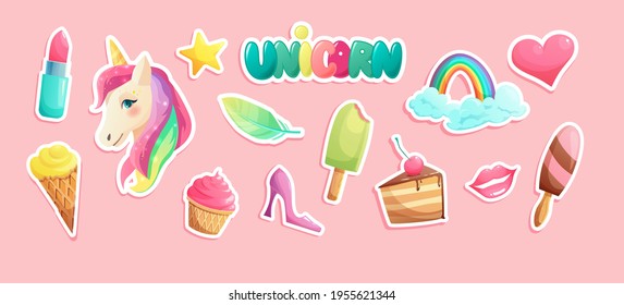 Cute unicorn stickers in flat style. Hand lettering text. Cartoon vector illustration.