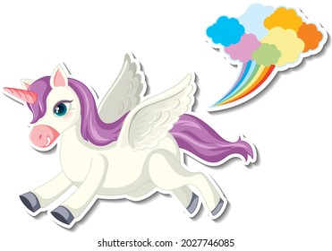 Cute unicorn stickers with a pegasus flying cartoon character illustration