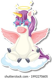 Cute unicorn stickers with a pegasus sitting on the cloud illustration