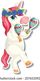 Cute unicorn stickers with a unicorn playing maracus illustration