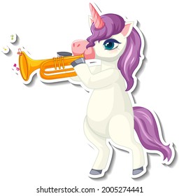 Cute unicorn stickers with a purple unicorn playing trumpet illustration