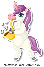 Cute unicorn stickers with a purple unicorn playing saxophone illustration