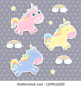 Cute unicorn stickers vector illustration. Flat design.