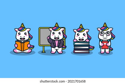 Cute unicorn in student reading and holding books