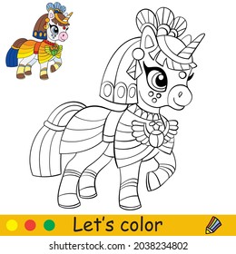 Cute unicorn in suit of Egyptian Princess. Halloween concept. Coloring book page for children. Vector cartoon illustration. For coloring book, education, print, game, decor, puzzle,design