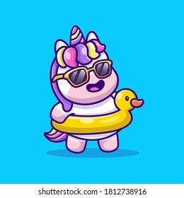 Cute Unicorn Summer With Swimming Duck Cartoon Vector Icon Illustration. Animal Icon Concept Isolated Premium Vector. Flat Cartoon Style