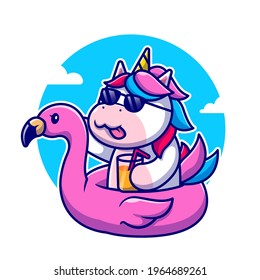 Cute Unicorn Summer Wearing Flamingo Swimming Tires Cartoon Vector Icon Illustration. Animal Summer Icon Concept Isolated Premium Vector. Flat Cartoon Style