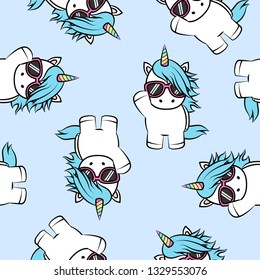 Cute unicorn with sunglasses cartoon seamless pattern, vector illustration