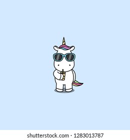 Cute unicorn with sunglasses drinking water, vector illustration