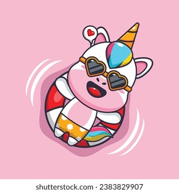 Cute unicorn in sunglasses float with buoy. Cute summer cartoon illustration. 