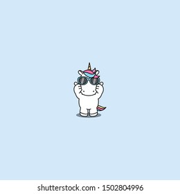 Cute unicorn with sunglasses giving two thumbs up, vector illustration