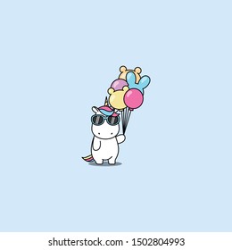 Cute unicorn with sunglasses holding balloons, vector illustration