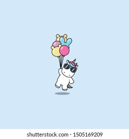 Cute unicorn with sunglasses holding balloons, vector illustration