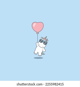 Cute unicorn with sunglasses holding heart balloon, vector illustration