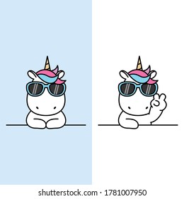 Cute unicornio con gafas de sol sobre caricatura de pared, ilustración vectorial