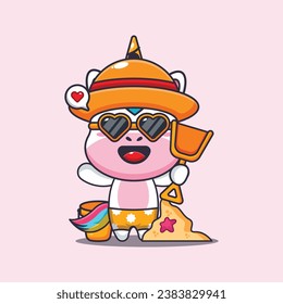 Cute unicorn in sunglasses play sand beach cartoon illustration. Cute summer cartoon illustration. 