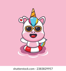 Cute unicorn in sunglasses swimming on beach. Cute summer cartoon illustration. 