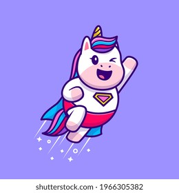 Cute Unicorn Super Hero Flying Cartoon Vector Icon Illustration. Animal Hero Icon Concept Isolated Premium Vector. Flat Cartoon Style
