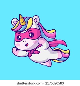 Cute Unicorn Super Hero Flying Cartoon Vector Icon Illustration. Animal Holiday Icon Concept Isolated Premium Vector. Flat Cartoon Style