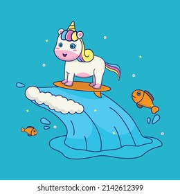 cute unicorn surfing with fish, suitable for children's books, birthday cards, valentine's day, stickers, book covers, greeting cards, printing.