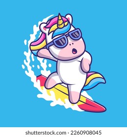 Cute Unicorn Surfing On Beach Cartoon Vector Icon Illustration. Animal Holiday Icon Concept Isolated Premium Vector. Flat Cartoon Style