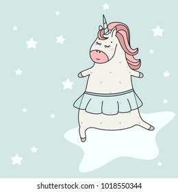 Cute unicorn surfing on the star. Cartoon illustration. Doodle art of magic creature. Can be used for baby t-shirt print, print design, kids wear, baby shower celebration greeting and invitation card.