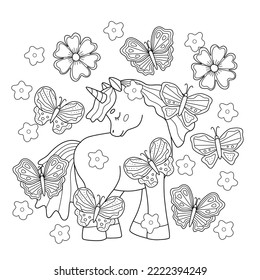 Cute unicorn surrounded by butterflies. Coloring page with an animal for children. Sketch outline with editable stroke.