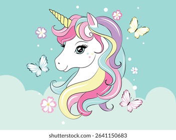 Cute unicorn surrounded by flowers and butterflies, vector illustration for girls, sticker, poster, t-shirts