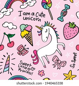 Cute unicorn and sweet cartoon drawings on pink seamless pattern repeating texture background design for fashion graphics, fabric prints, textile sets