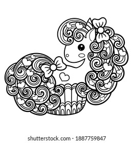 Cute unicorn sweet cupcake. Kawaii cartoon pony animals. Doodle style. Black and white image for coloring. For the design of prints, posters, coloring books, tattoos, badges, cards, stickers. Vector