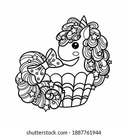 Cute unicorn sweet cupcake. Kawaii cartoon pony animals. Doodle style. Black and white image for coloring. For the design of prints, posters, coloring books, tattoos, badges, cards, stickers. Vector