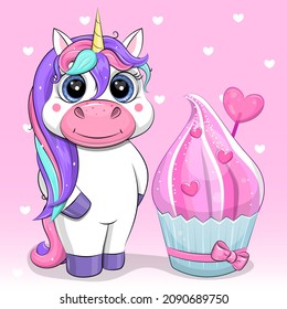 Cute unicorn with sweet cupcake. Vector illustration of an animal on a pink background.