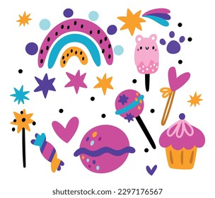 Cute unicorn sweets. Cartoon desserts. Colorful rainbow and stars. Magic wand. Ice cream. Lollipop and candy. Yummy cake. Delicious caramel lolly. Vector isolated food