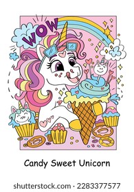 Cute unicornio con caramelos y helado y carnicería. Ilustración vectorial de color de carácter de dibujos animados. Cartel y portada del libro de unicornio. Para tarjetas, impresiones, diseño, pegatinas, decoración, rompecabezas y juegos