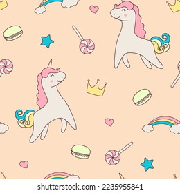 cute unicorn, sweets, stars and rainbow. seamless pattern for fabric, wallpaper, gift wrapping and more