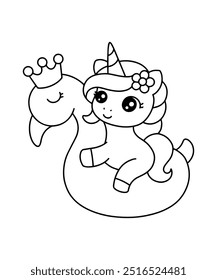 Cute unicorn swimming with flamingo pool float coloring page illustration