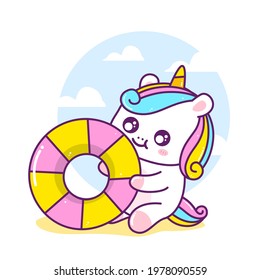 cute unicorn with swimming tires in summer