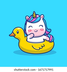 Cute Unicorn Swimming Vector Icon Illustration. Unicorn Mascot Cartoon Character. Animal Icon Concept White Isolated. Flat Cartoon Style Suitable for Web Landing Page, Banner, Flyer, Sticker, Card