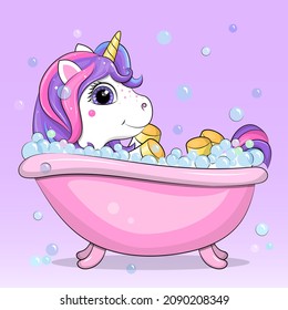 Un lindo unicornio se toma un baño. Ilustración vectorial de animales en un fondo lila con burbujas.