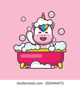 Cute unicorn taking bath in bubble bath. Cute animal cartoon illustration. Vector isolated flat illustration for poster, brochure, web, mascot, sticker, logo and icon. 