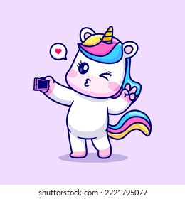 Cute Unicorn Taking Selfie With Phone Cartoon Vector Icon Illustration. Animal Technology Icon Concept Isolated Premium Vector. Flat Cartoon Style