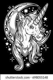 Cute unicorn, tattoo, weird, psychedelic art for print, posters, t-shirts and textiles. Vector illustration.