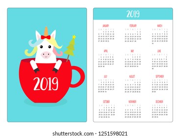 Cute unicorn in tea coffee cup. Fir Christmas tree. Simple pocket calendar layout 2019 new year. Week starts Sunday. Cartoon character. Vertical orientation. Flat design. Blue background. Vector