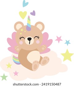 Cute unicorn teddy bear sitting on cloud
