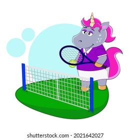 A cute unicorn tennis player holds a tennis racket and a ball in his hands. Cartoon vector illustration for children