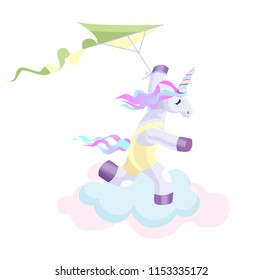 
A cute unicorn that runs a kite on the cloud.