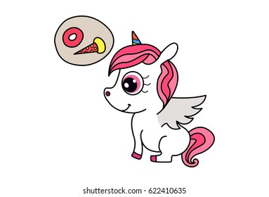 Cute Unicorn thinking of ice cream and donut. Vector Illustration. Isolated on white background.